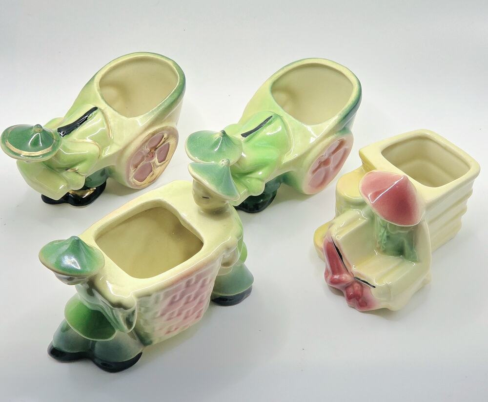 Vintage Shawnee Small Planters Rickshaw Wagon Cart Asian Man Woman Pottery